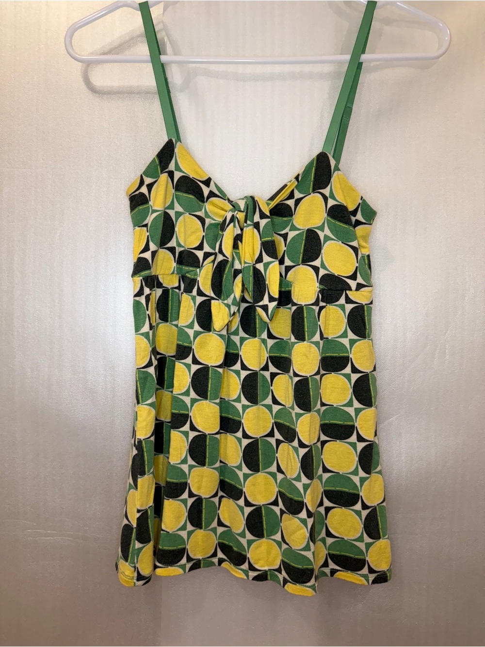 Ruby Sky Retro Geometric Print Knot Front Camisole Green Yellow Black Sz S